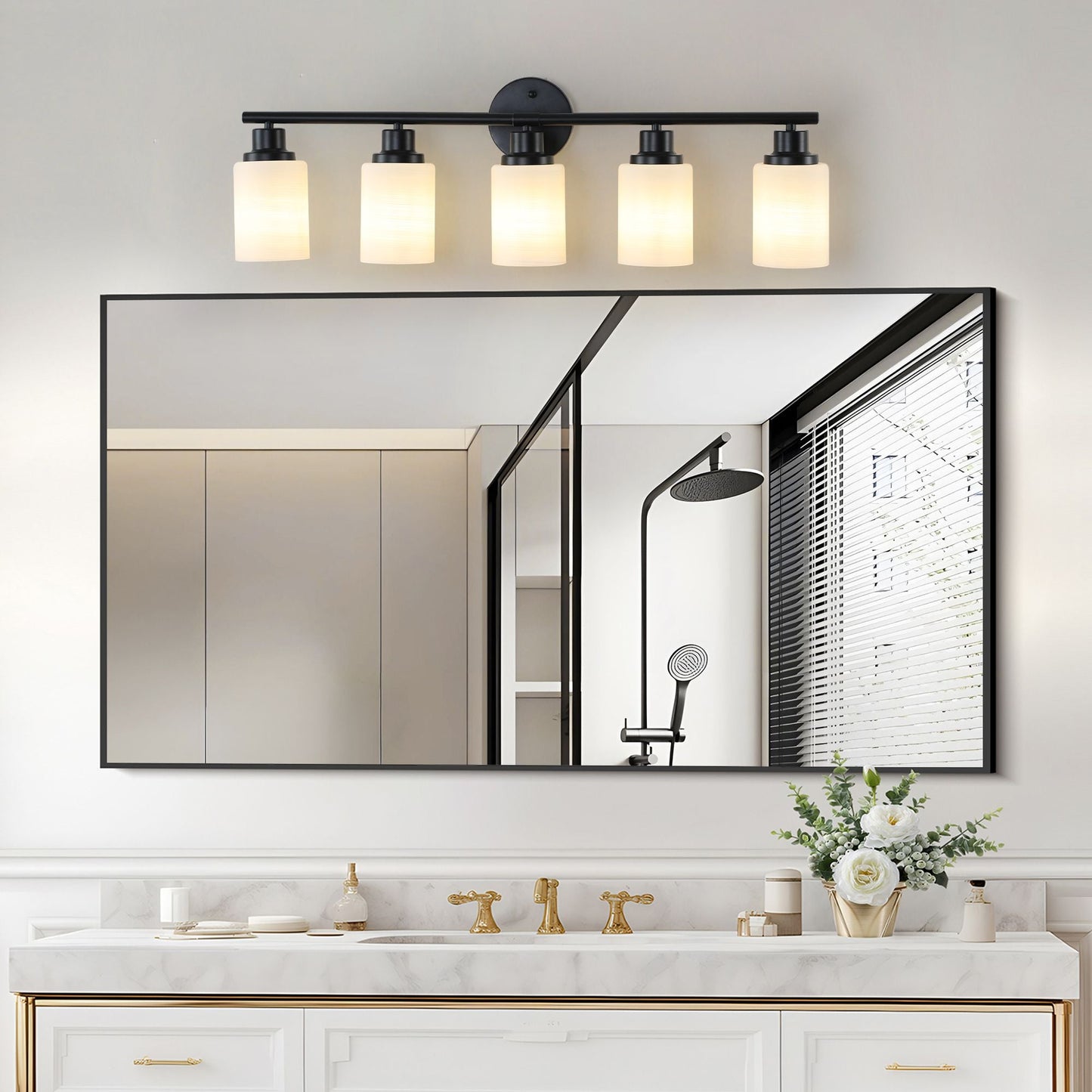 31" Modern 5-Light Vanity Bathroom Mirror Light, Frosted White Glass with Black Iron Frame, Contemporary Wall Sconce for Bedroom, Bathroom, and Dressing Room (Bulb Not Included) - Renee Lane Company