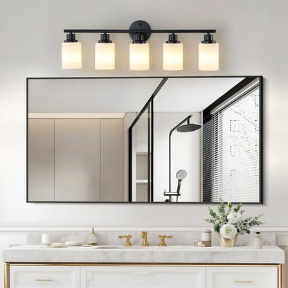 31" Modern 5-Light Vanity Bathroom Mirror Light, Frosted White Glass with Black Iron Frame, Contemporary Wall Sconce for Bedroom, Bathroom, and Dressing Room (Bulb Not Included) - Renee Lane Company