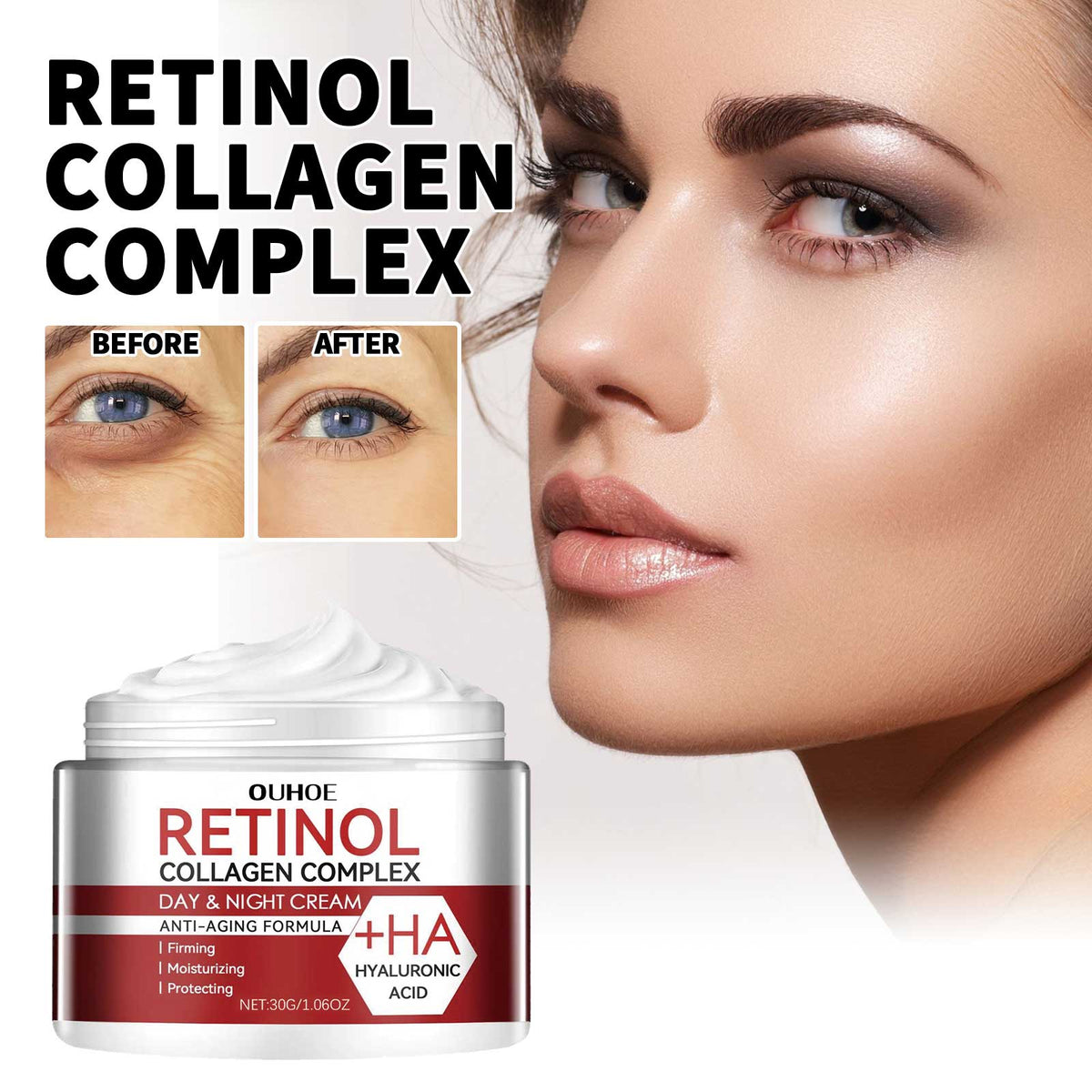 White jar of skincare cream with raised lid and red label, face moisturizer