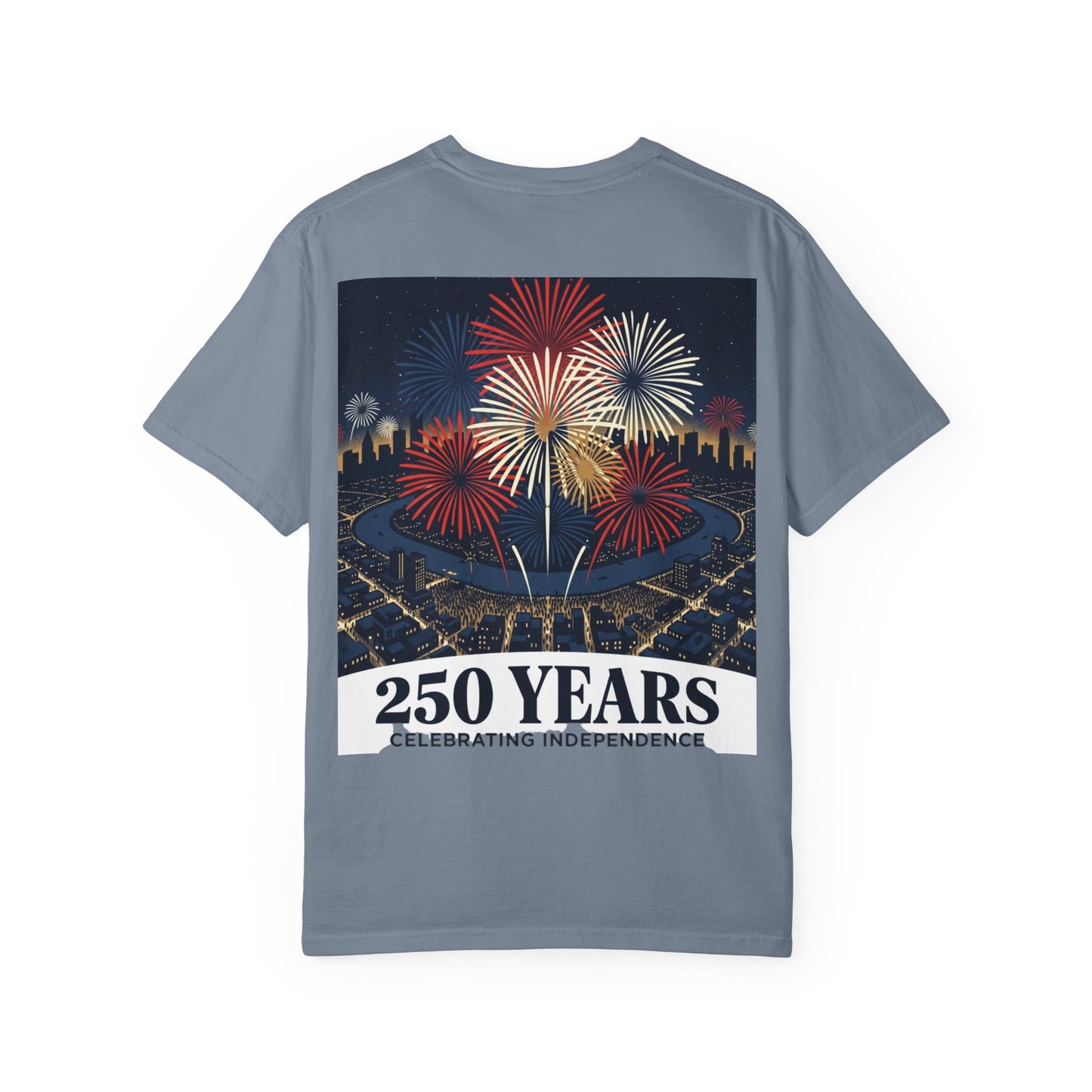 Slate blue T-shirt with fireworks and “250 Years Celebrating Independence” graphic on front