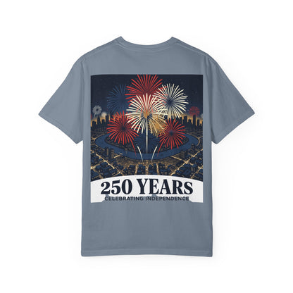 Slate blue T-shirt with fireworks and “250 Years Celebrating Independence” graphic on front