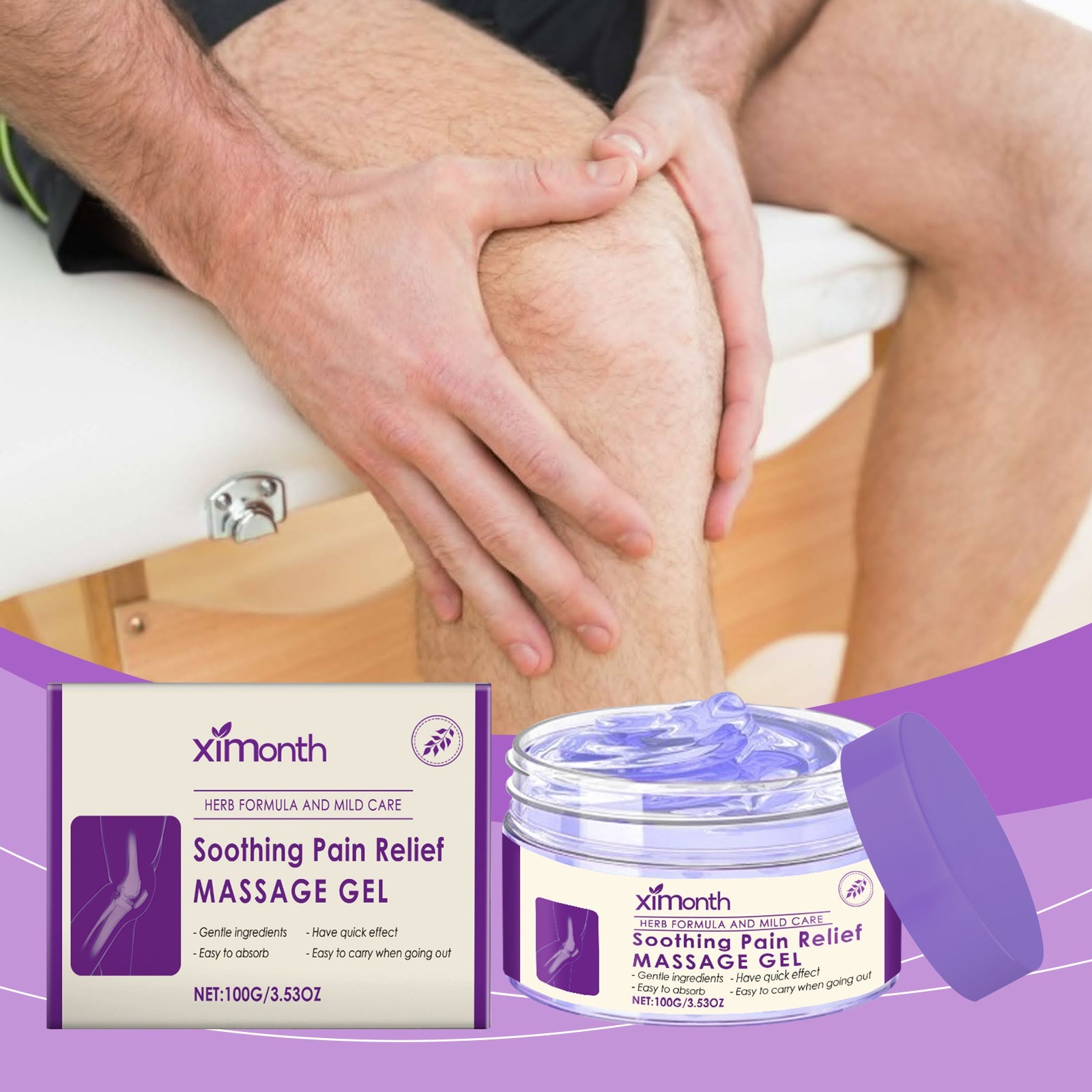 Soothing massage gel, hands massaging an inner thigh area