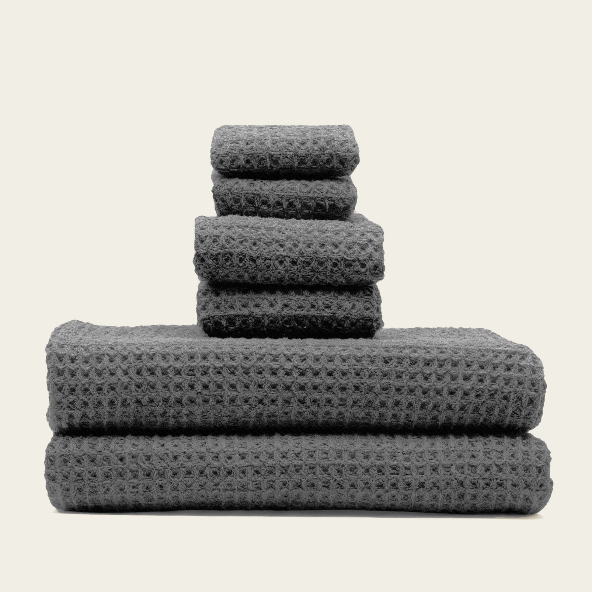 Charcoal waffle cotton towels, folded stack of 4