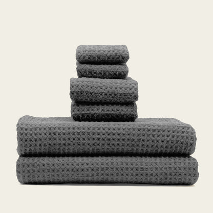 Charcoal waffle cotton towels, folded stack of 4