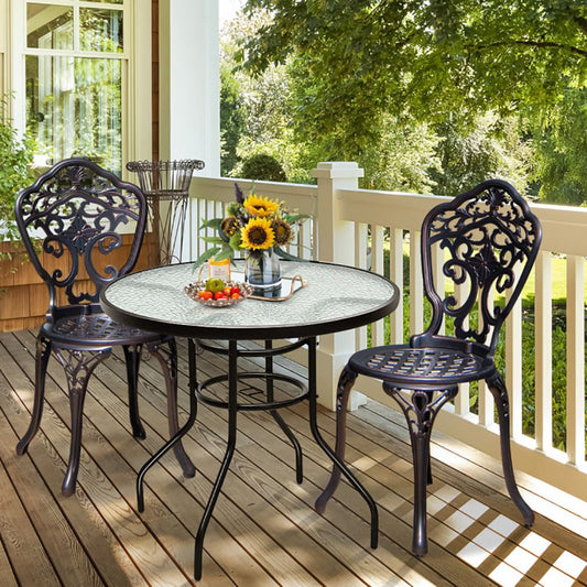 32 Inch Patio Tempered Glass Steel Frame Round Table with Convenient Umbrella Hole - Renee Lane Company