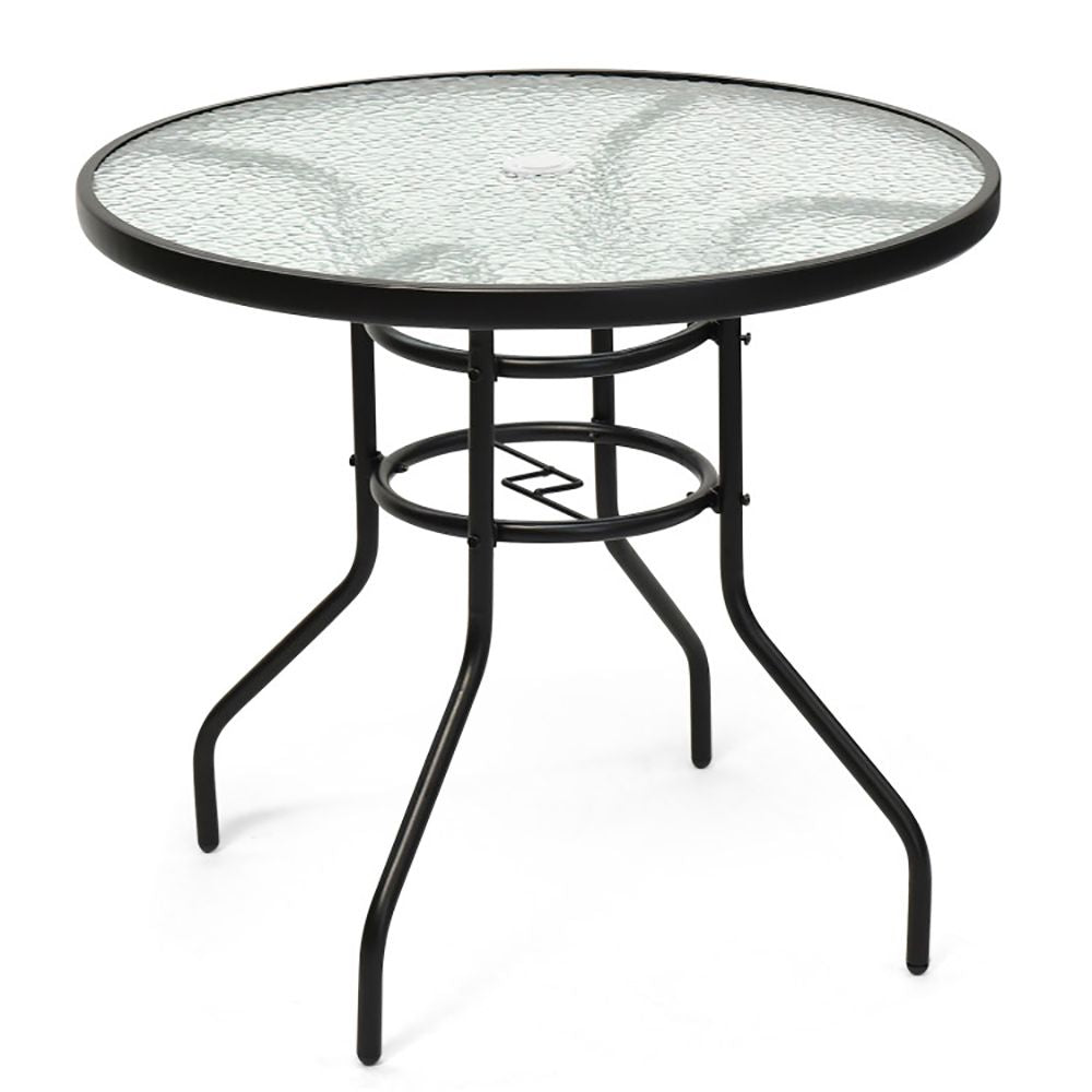 32 Inch Patio Tempered Glass Steel Frame Round Table with Convenient Umbrella Hole - Renee Lane Company