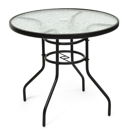 32 Inch Patio Tempered Glass Steel Frame Round Table with Convenient Umbrella Hole - Renee Lane Company