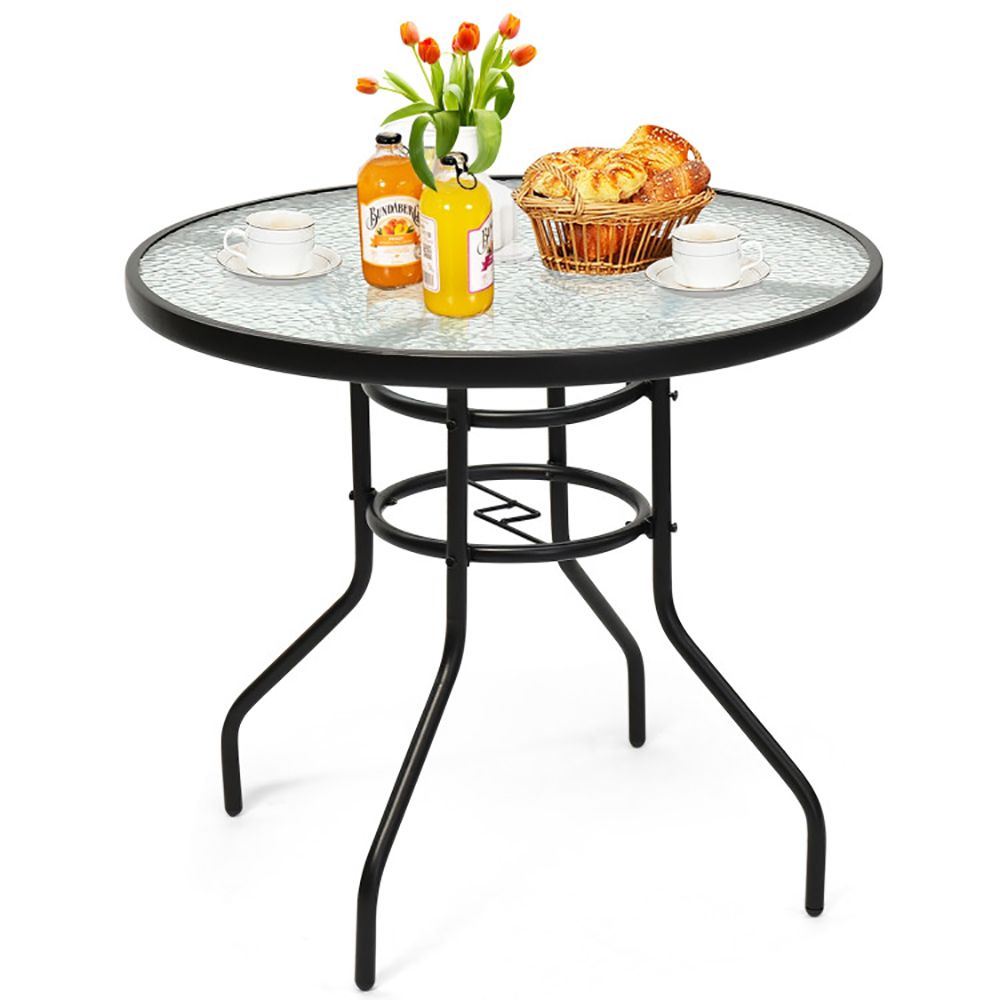 32 Inch Patio Tempered Glass Steel Frame Round Table with Convenient Umbrella Hole - Renee Lane Company