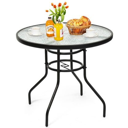 32 Inch Patio Tempered Glass Steel Frame Round Table with Convenient Umbrella Hole - Renee Lane Company