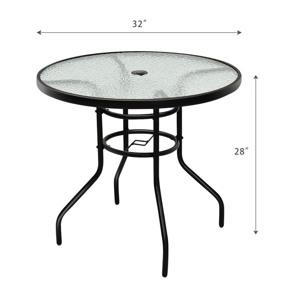 32 Inch Patio Tempered Glass Steel Frame Round Table with Convenient Umbrella Hole - Renee Lane Company