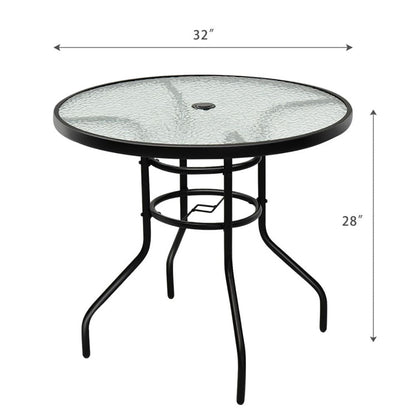 32 Inch Patio Tempered Glass Steel Frame Round Table with Convenient Umbrella Hole - Renee Lane Company
