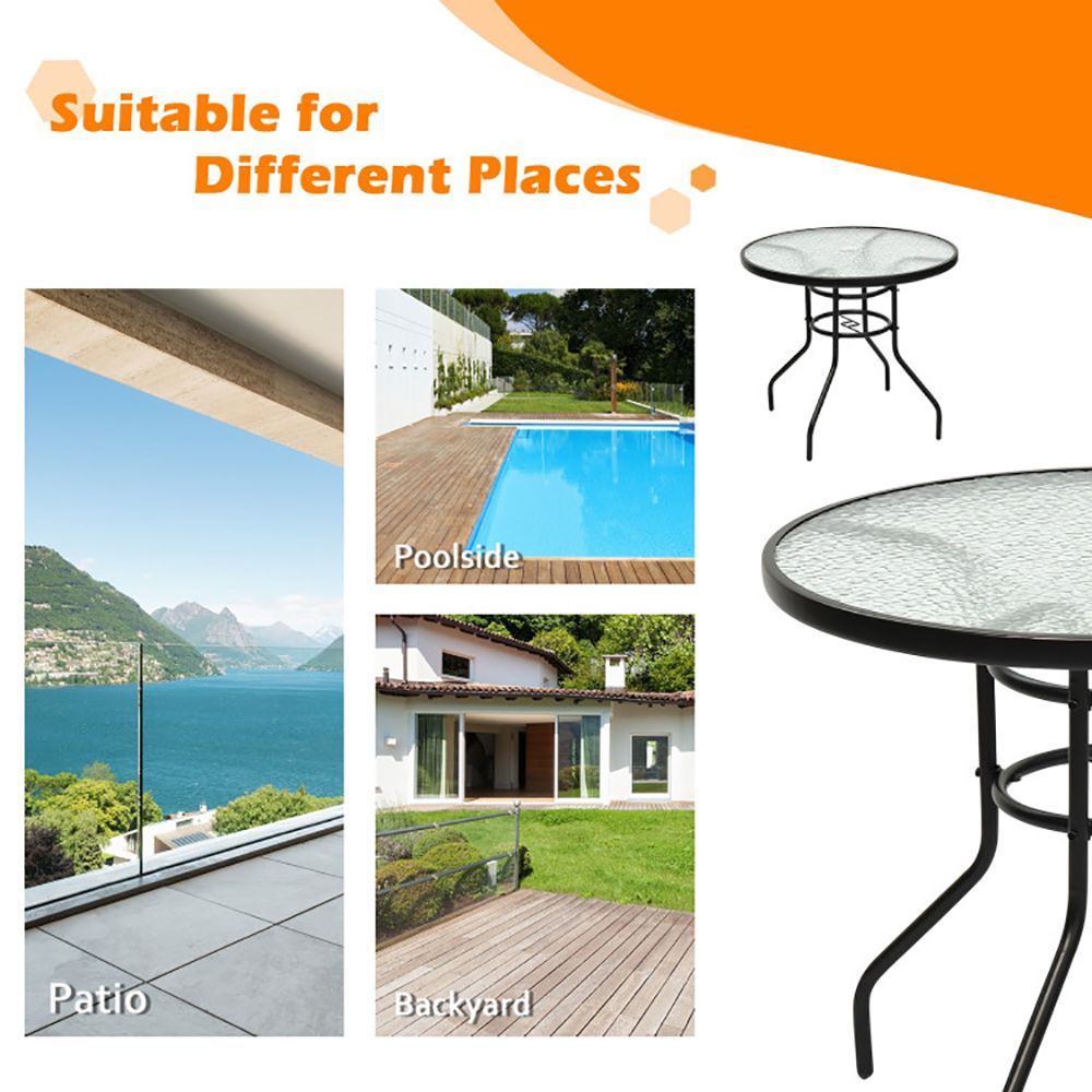 32 Inch Patio Tempered Glass Steel Frame Round Table with Convenient Umbrella Hole - Renee Lane Company