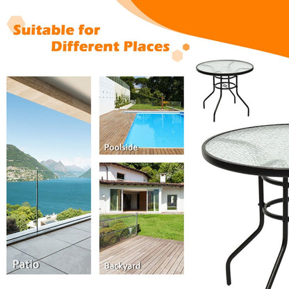 32 Inch Patio Tempered Glass Steel Frame Round Table with Convenient Umbrella Hole - Renee Lane Company