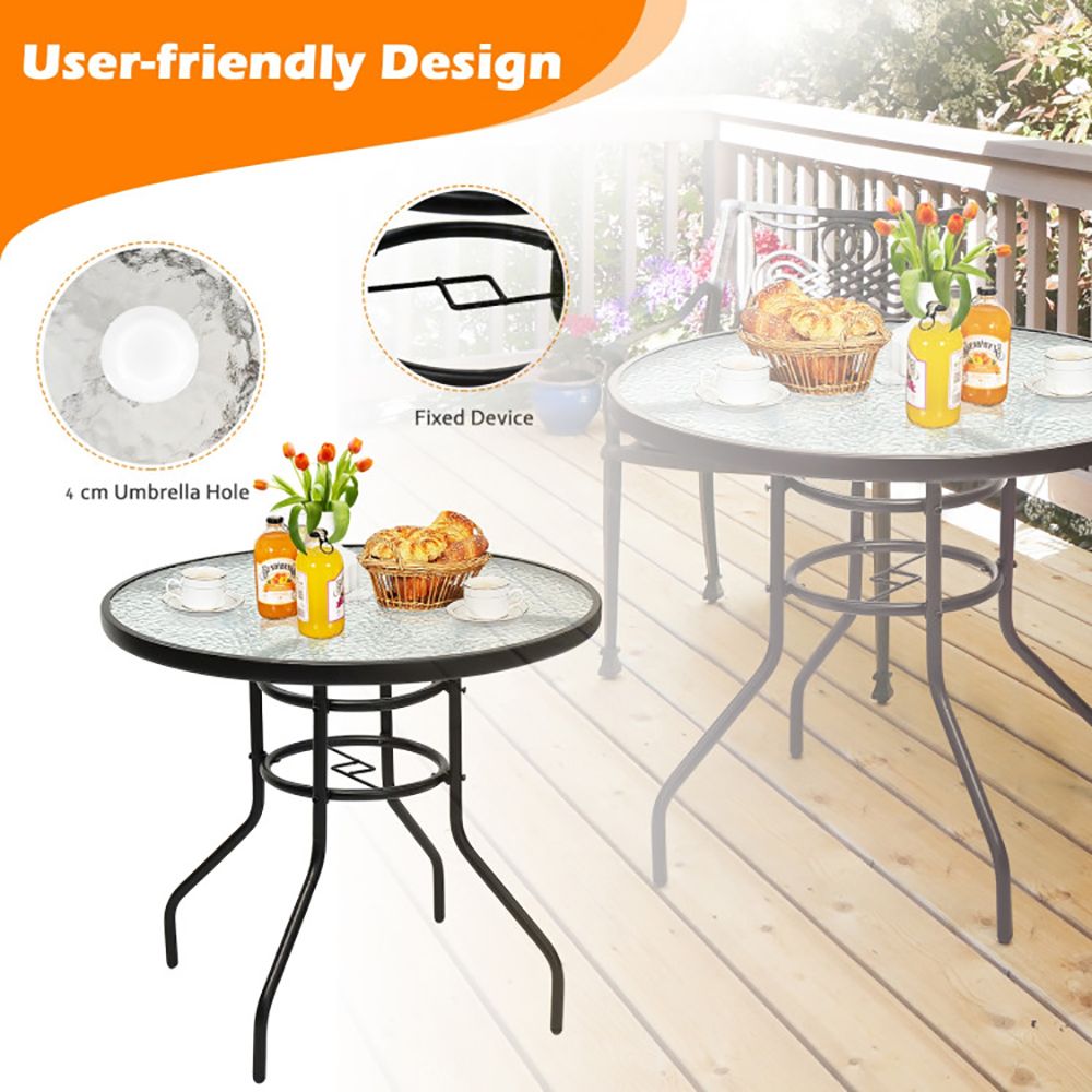32 Inch Patio Tempered Glass Steel Frame Round Table with Convenient Umbrella Hole - Renee Lane Company