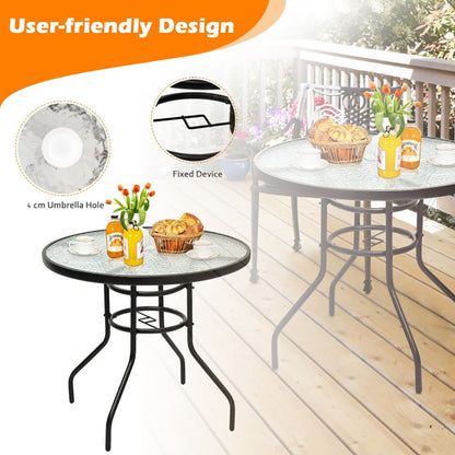 32 Inch Patio Tempered Glass Steel Frame Round Table with Convenient Umbrella Hole - Renee Lane Company