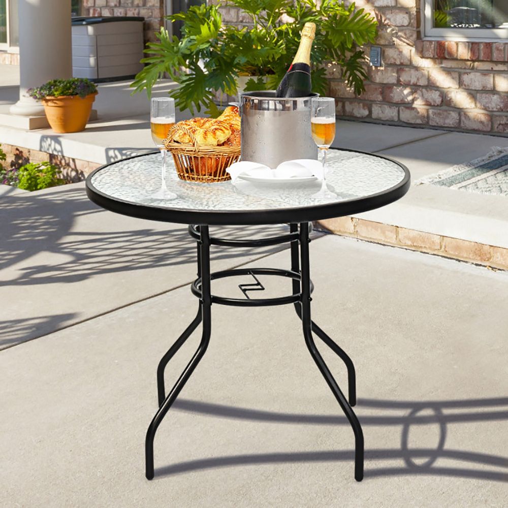 32 Inch Patio Tempered Glass Steel Frame Round Table with Convenient Umbrella Hole - Renee Lane Company