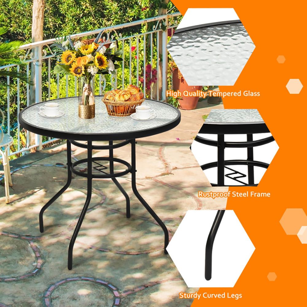 32 Inch Patio Tempered Glass Steel Frame Round Table with Convenient Umbrella Hole - Renee Lane Company