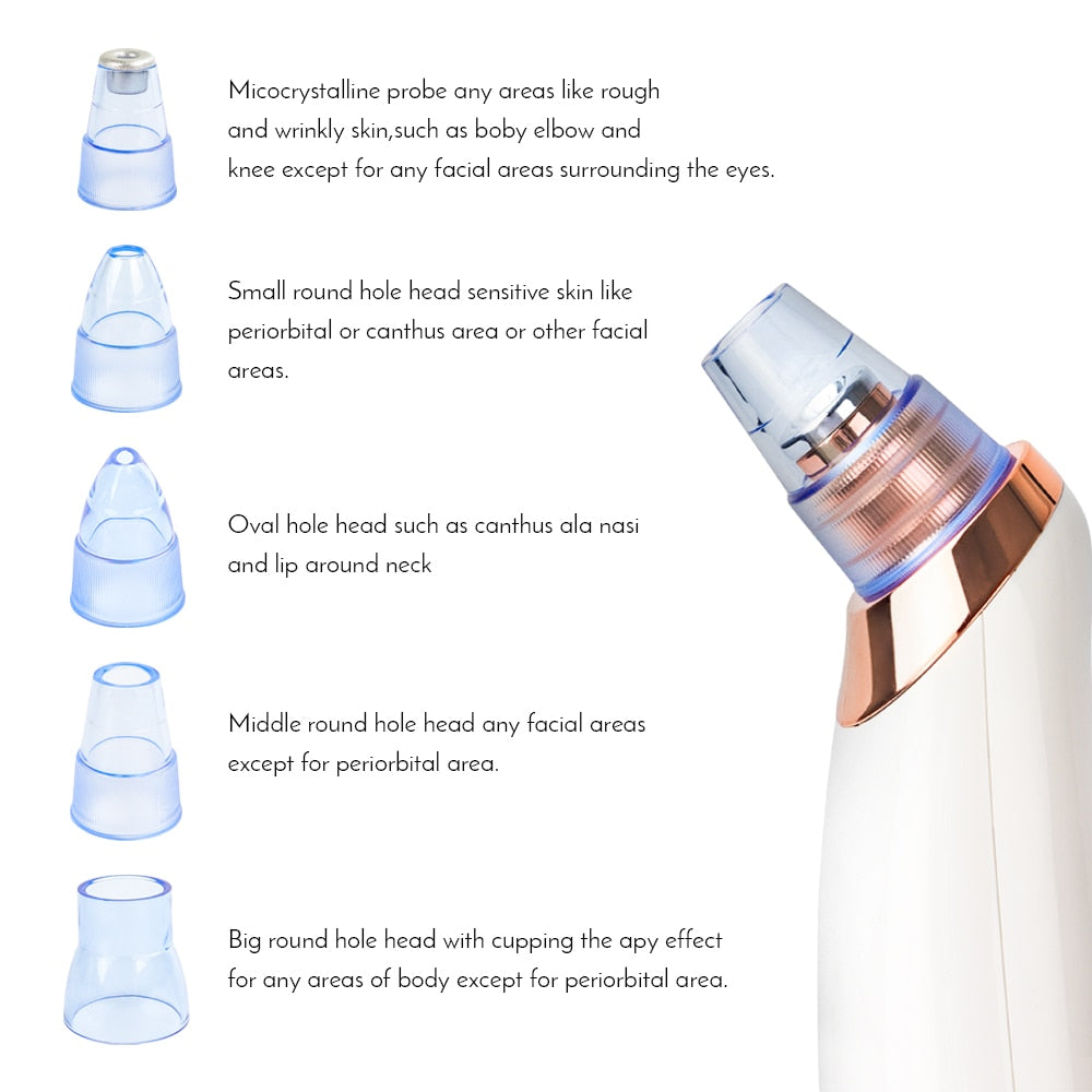Electric blackhead remover with five clear round nozzle head shapes.