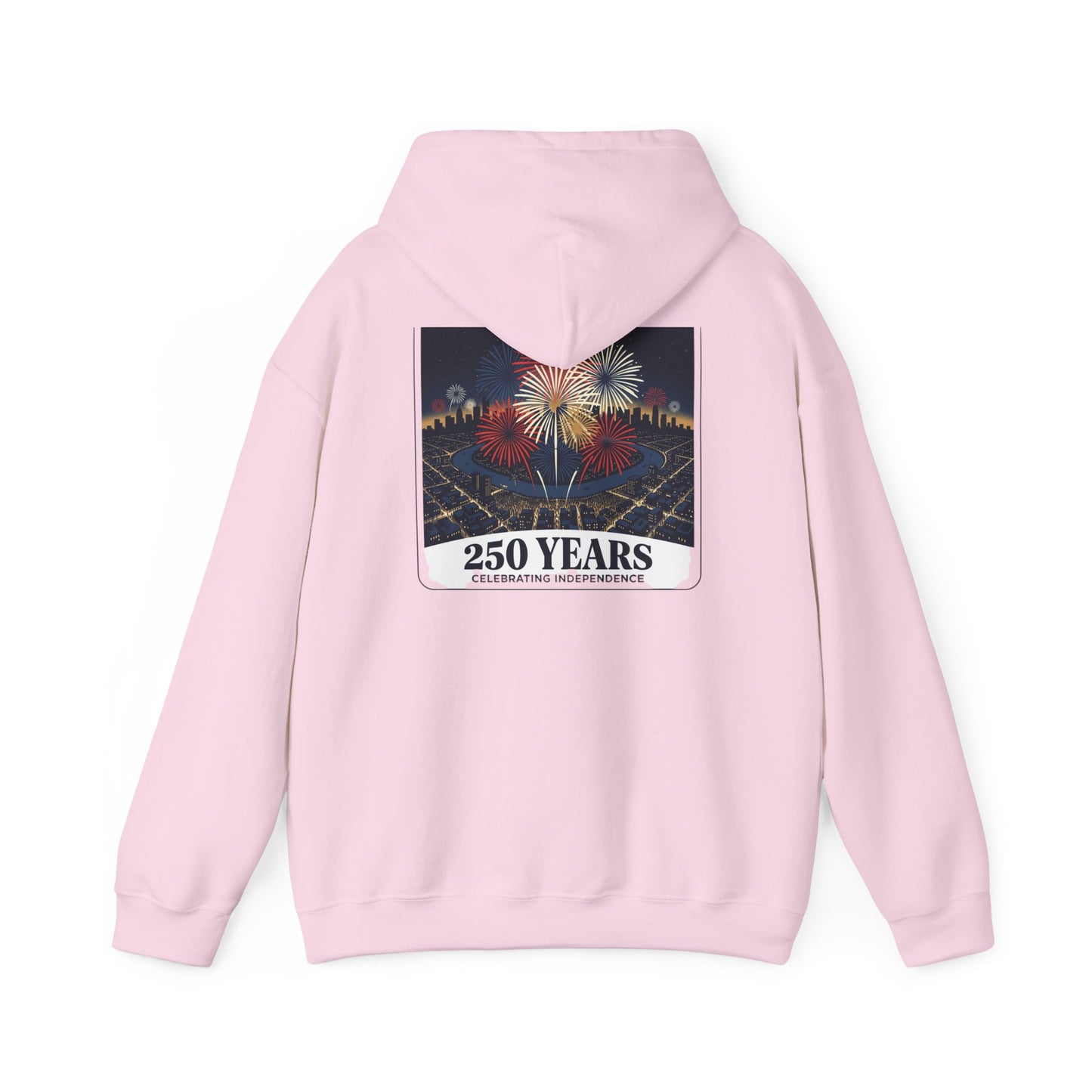 Pink hoodie with back fireworks graphic and "250 YEARS" label