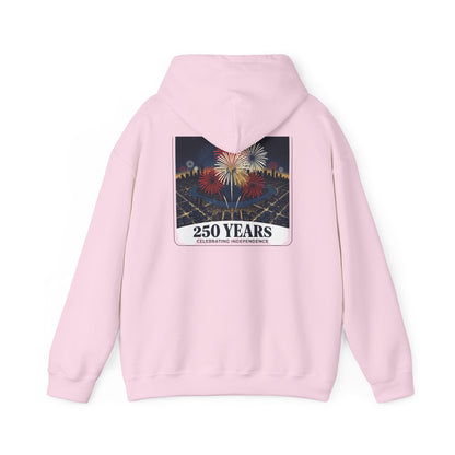 Pink hoodie with back fireworks graphic and "250 YEARS" label