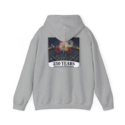 Light gray hoodie with “250 Years” fireworks graphic on back