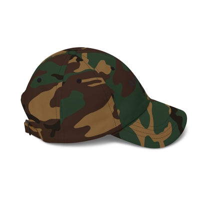 Camouflage dad cap with curved brim and adjustable closure at the back