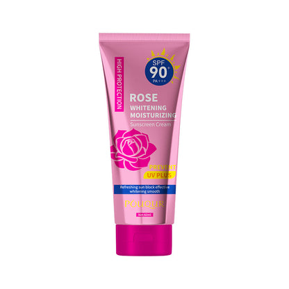 Front view rose whitening moisturizing sunscreen cream tube, SPF 90, PA+++