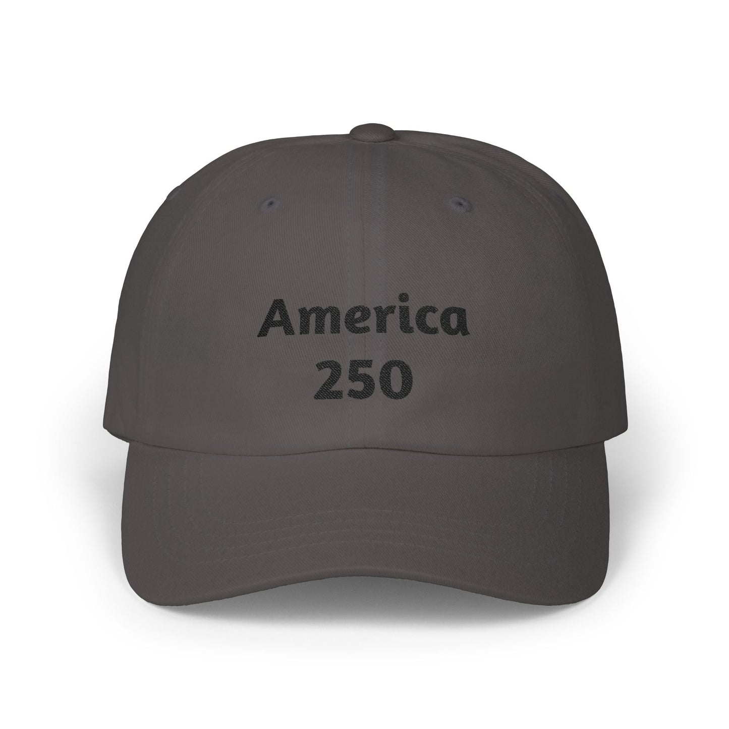 Dark grey dad cap with “America 250” front print