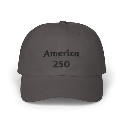 Dark grey dad cap with “America 250” front print