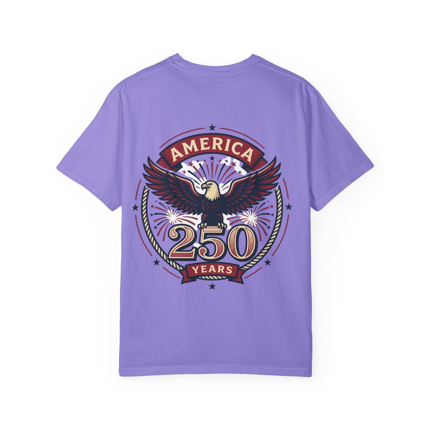 Unisex T-shirt, purple, America 250 years eagle badge logo graphic on front