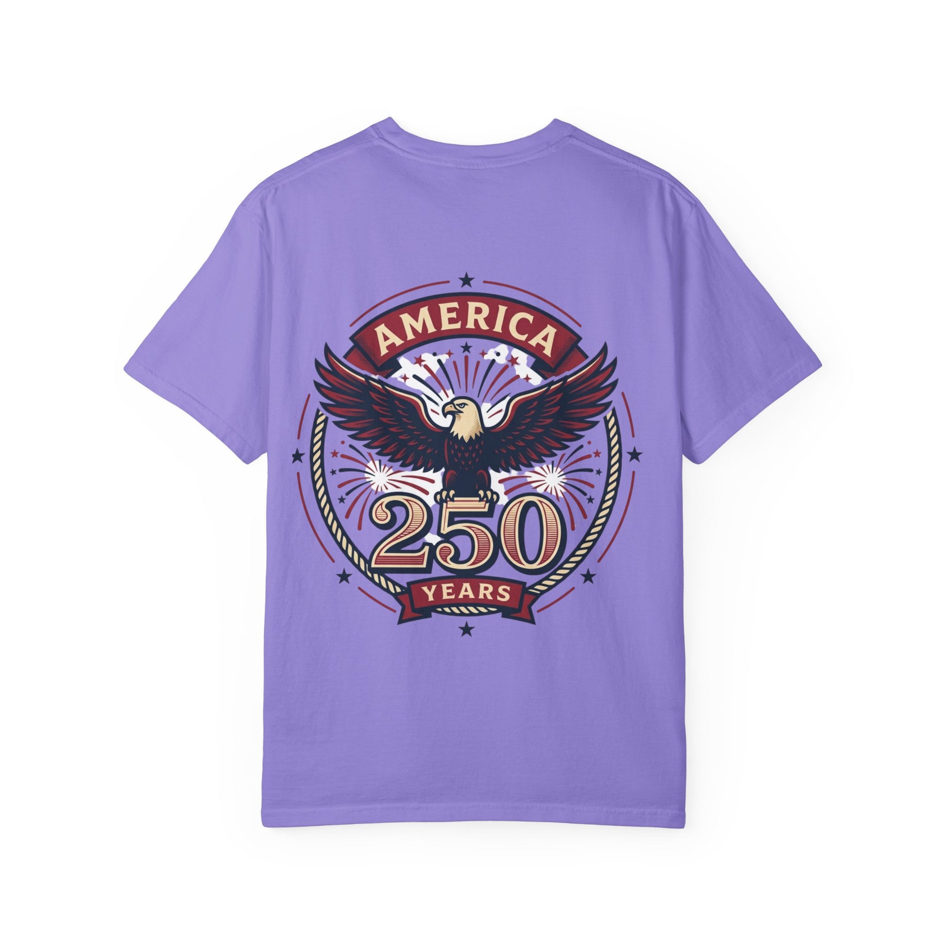 Unisex T-shirt, purple, America 250 years eagle badge logo graphic on front