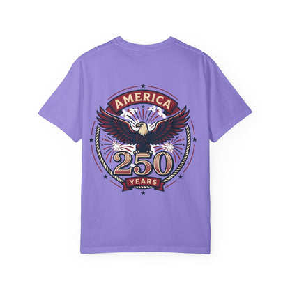 Unisex T-shirt, purple, America 250 years eagle badge logo graphic on front