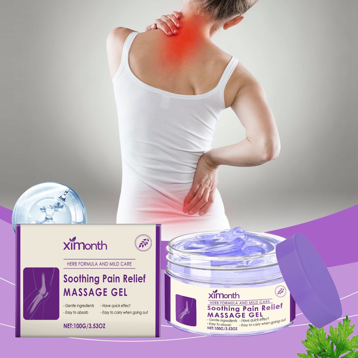 Soothing massage gel, person holding a sore upper back area