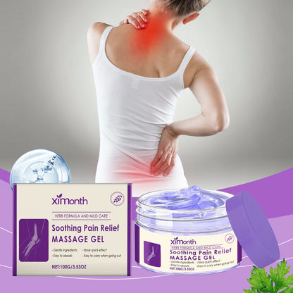 Soothing massage gel, person holding a sore upper back area