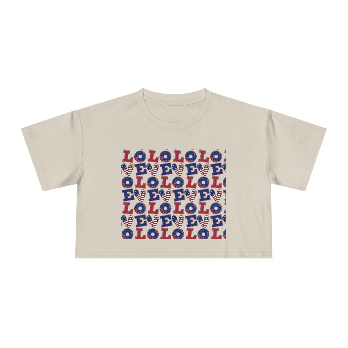 Ecru graphic crop tee with multicolor “LOL” block print