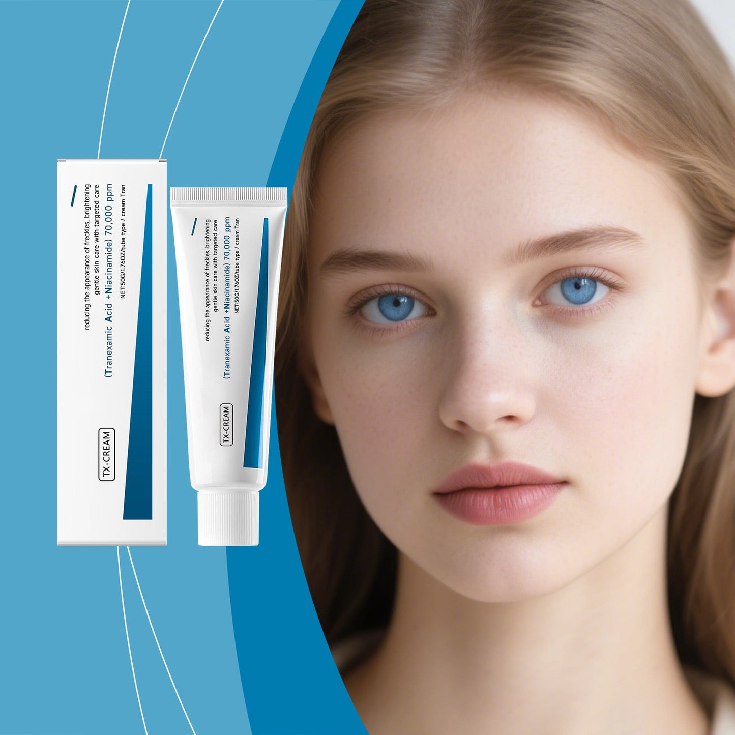 Brightening spot-reducing cream tube and box set with teal accent branding