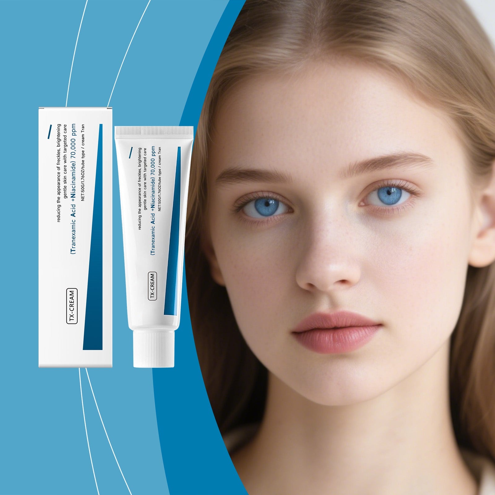 Brightening spot-reducing cream tube and box set with teal accent branding