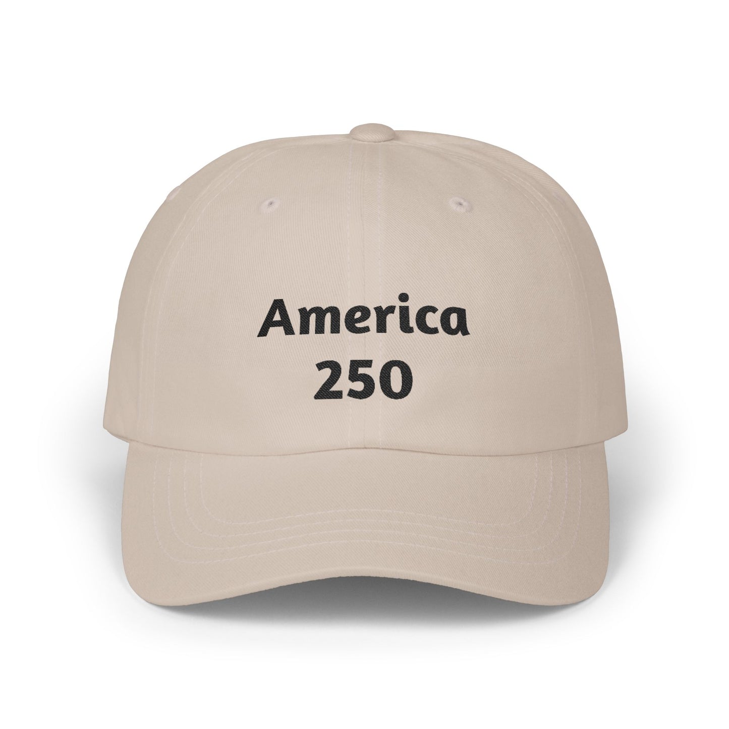 Stone/tan dad cap with “America 250” front print