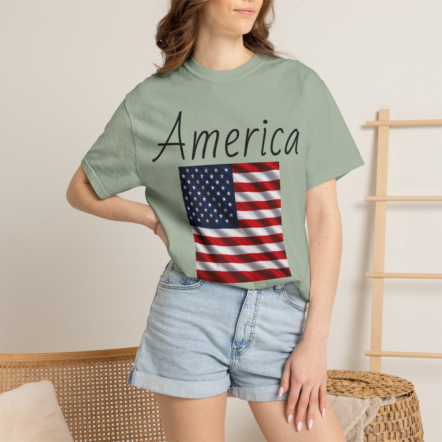 Unisex graphic T-shirt, sage green with “America” script and U.S. flag print