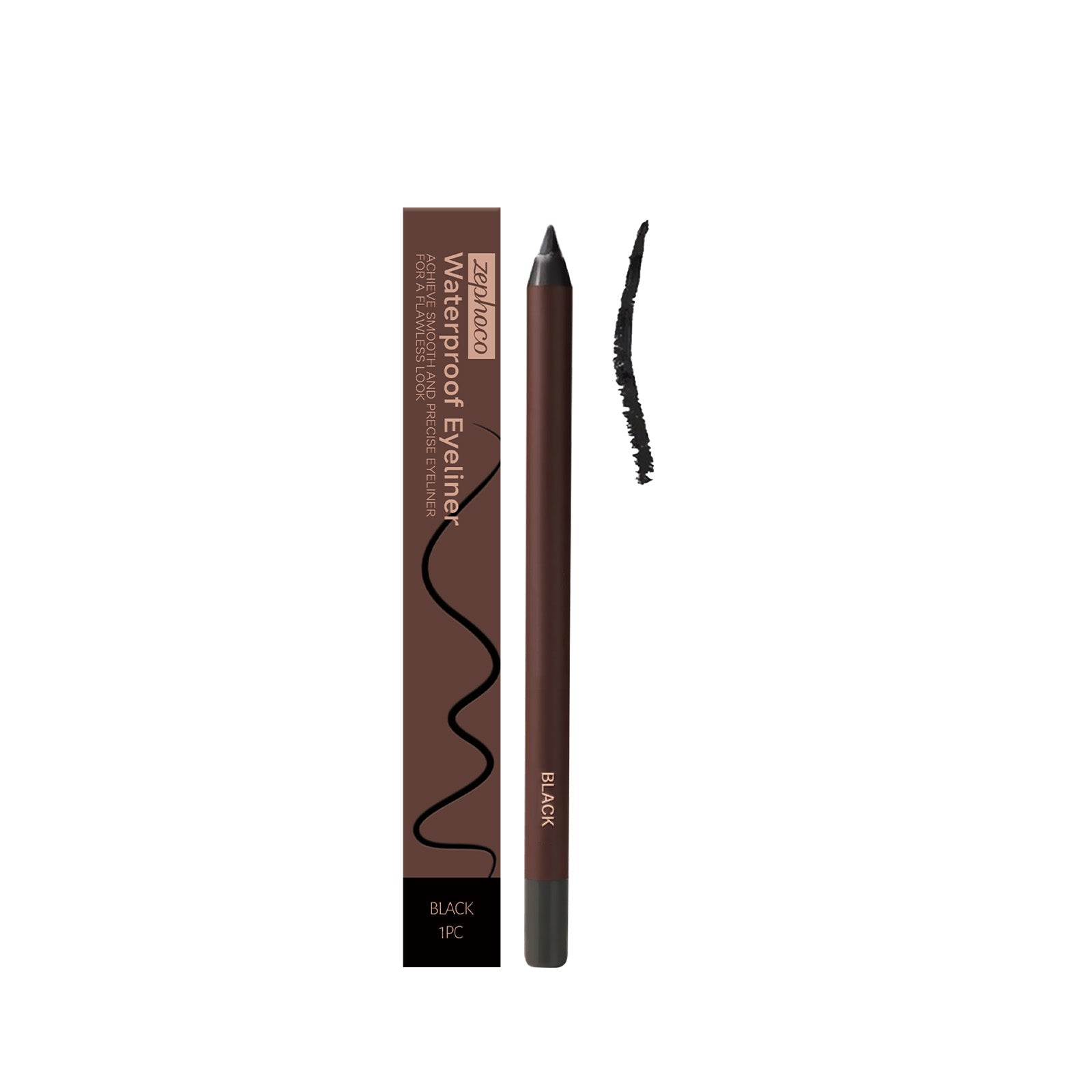 Black waterproof eyeliner pencil and boxed packaging with eyeliner swatch graphic
