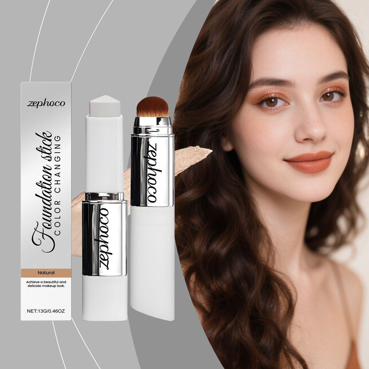 Color-changing concealer foundation stick, Natural shade, with white tube and angled brush
