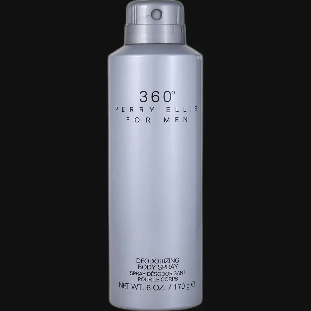 Men's deodorizing body spray bottle, silver with pump; 6.0 oz label on front