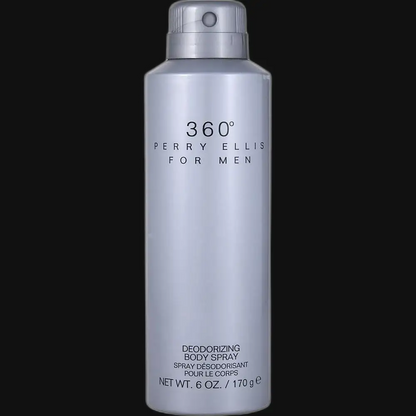 Men's deodorizing body spray bottle, silver with pump; 6.0 oz label on front