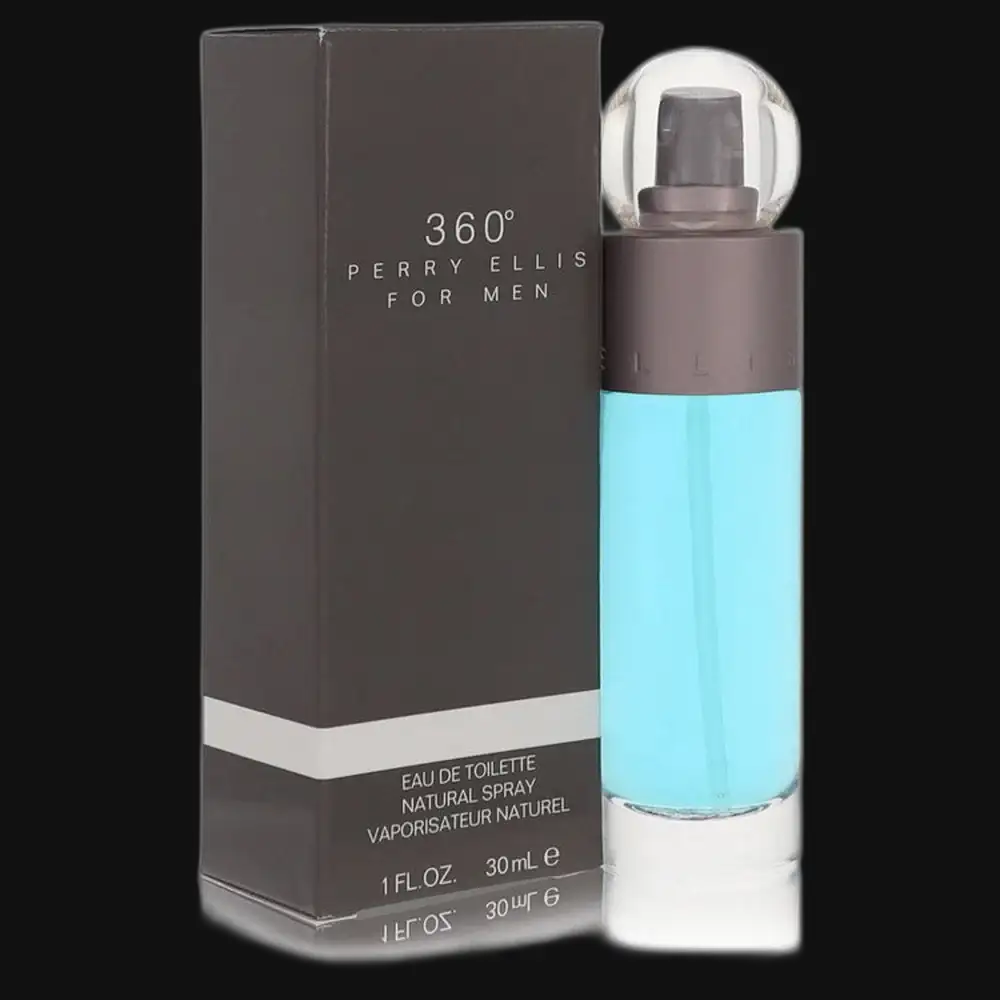 Men's eau de toilette spray bottle with cap, light blue liquid; in box