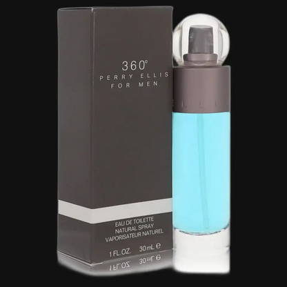 Men's eau de toilette spray bottle with cap, light blue liquid; in box