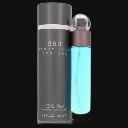 Men's eau de toilette spray bottle, silver top and dark gray canister with blue liquid