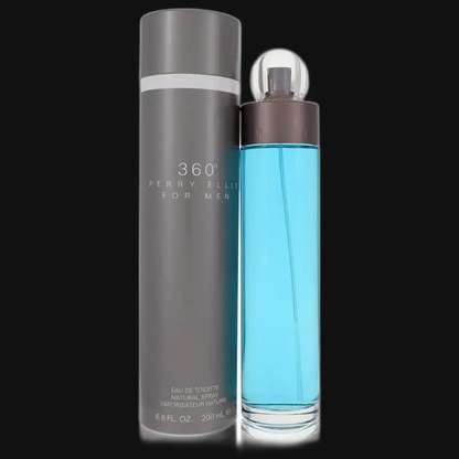 Men's eau de toilette spray bottle with tall gray canister and blue liquid; clear cap