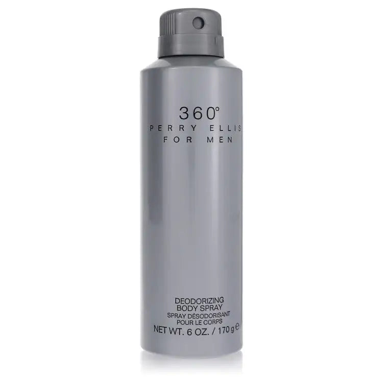 Men's deodorizing body spray bottle, gray-silver with spray nozzle; front label