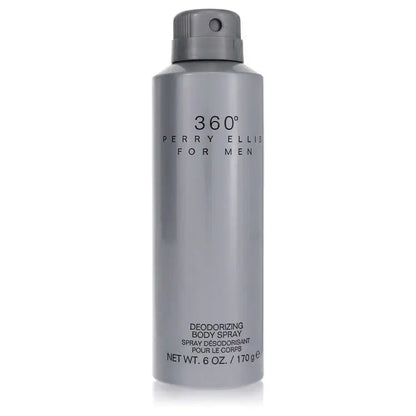 Men's deodorizing body spray bottle, gray-silver with spray nozzle; front label
