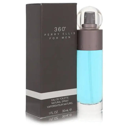 Men's eau de toilette spray bottle with box: gray package and light blue liquid bottle